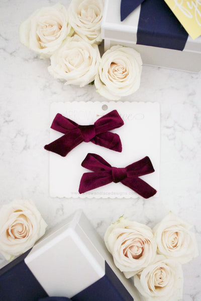Burgundy Holly Velvet Bow Hair Clips - Arrow & Lace Designs