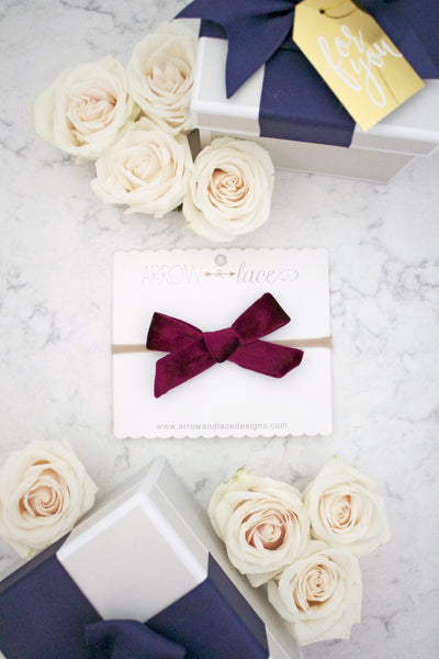 Burgundy Holly Velvet Bow Headband - Arrow & Lace Designs