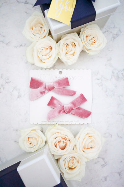 Dusty Rose Holly Velvet Bow Hair Clips - Arrow & Lace Designs
