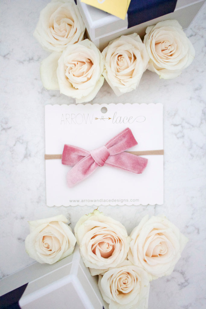 Dusty Rose Holly Velvet Bow Headband - Arrow & Lace Designs