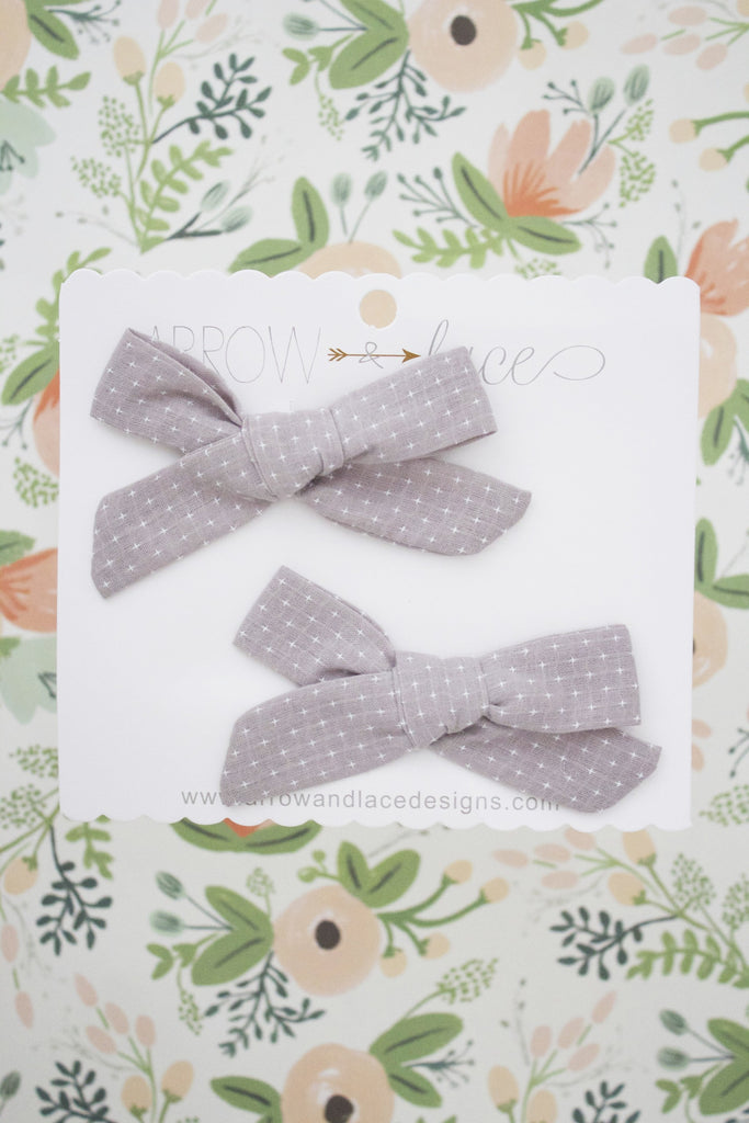 Grey Stitch Bow Hair Clips - Arrow & Lace Designs