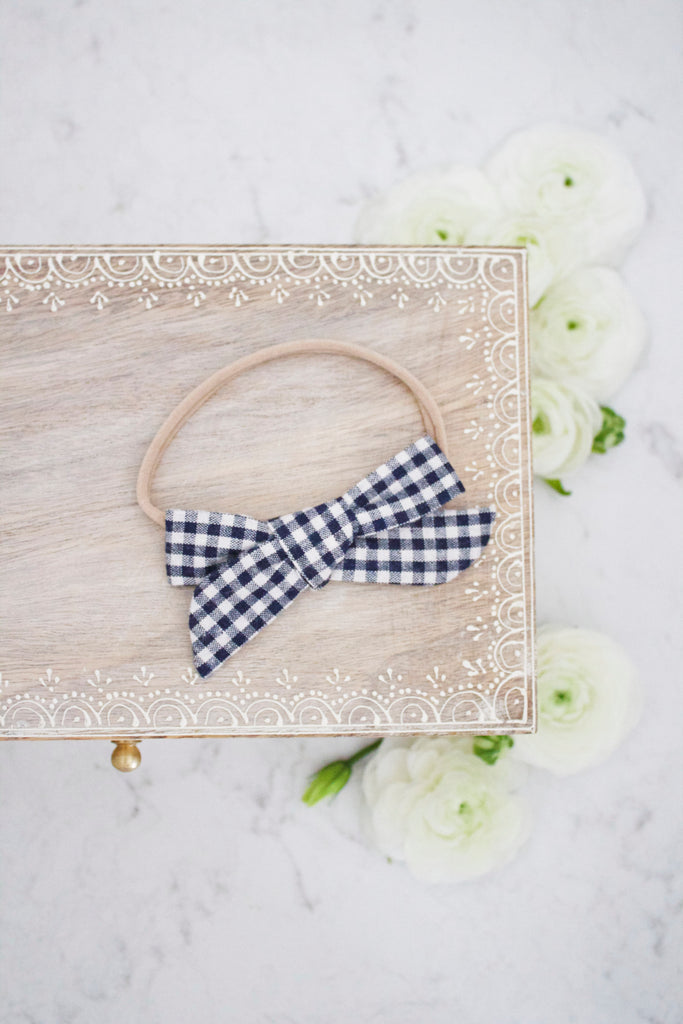 Navy Buffalo Check Bow Headband - Arrow & Lace Designs