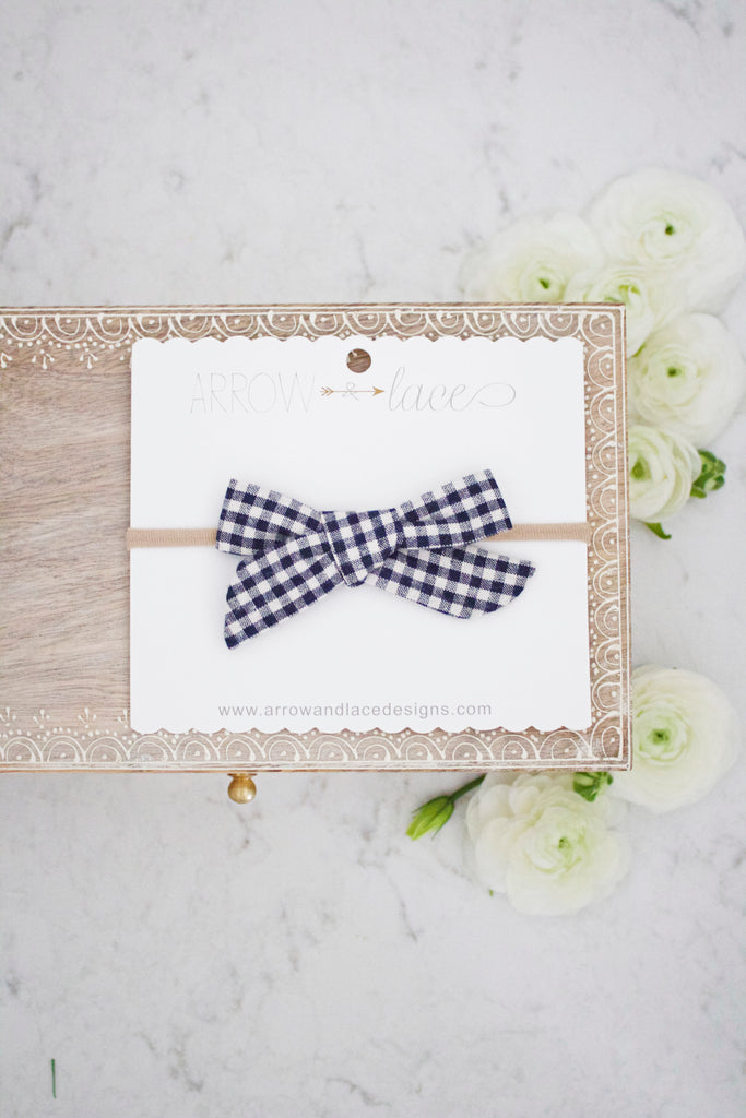 Navy Buffalo Check Bow Headband - Arrow & Lace Designs