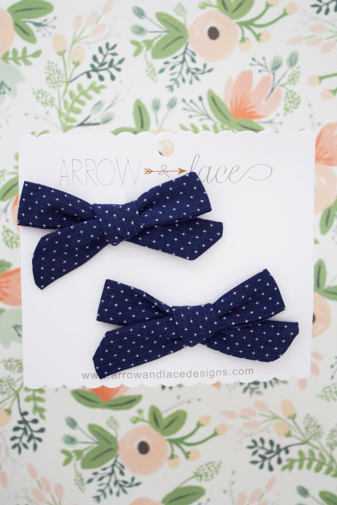 Navy Stitch Bow Hair Clips - Arrow & Lace Designs