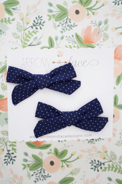 Navy Stitch Bow Hair Clips - Arrow & Lace Designs