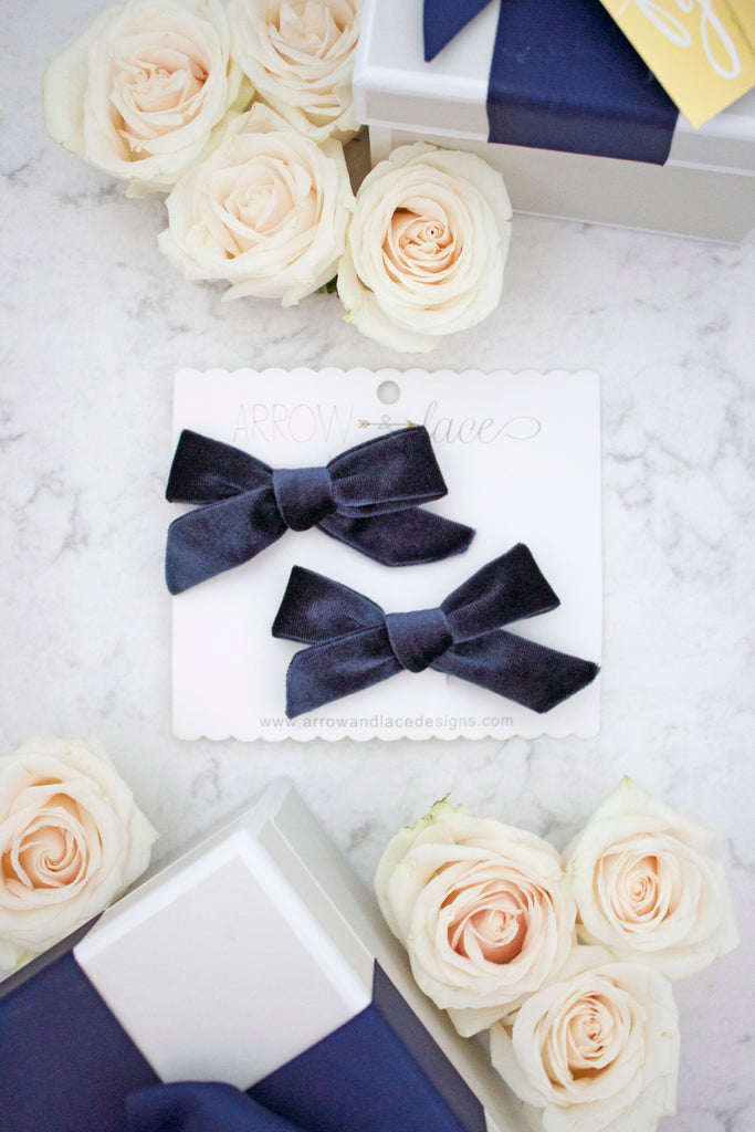 Navy Holly Velvet Bow Hair Clips - Arrow & Lace Designs