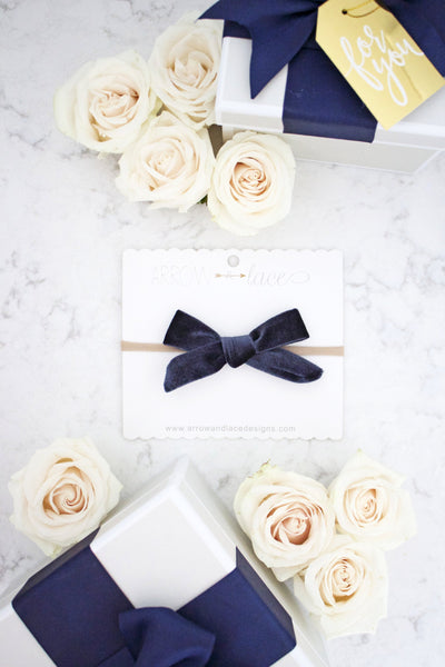 Navy Holly Velvet Bow Headband - Arrow & Lace Designs
