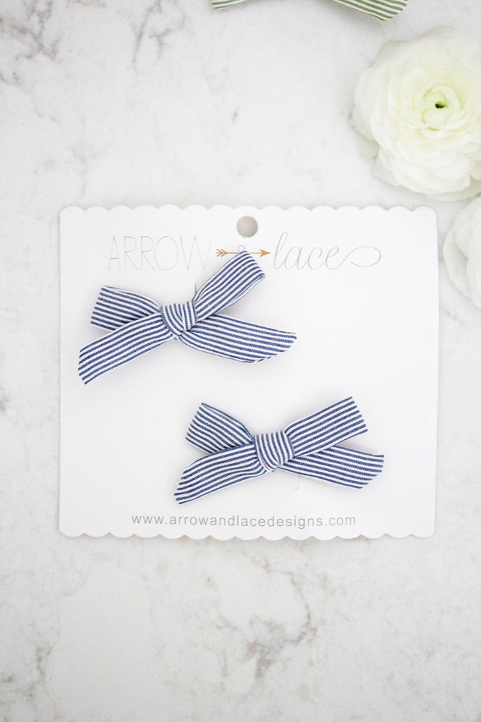 Petite Navy Stripe Bow Hair Clips - Arrow & Lace Designs