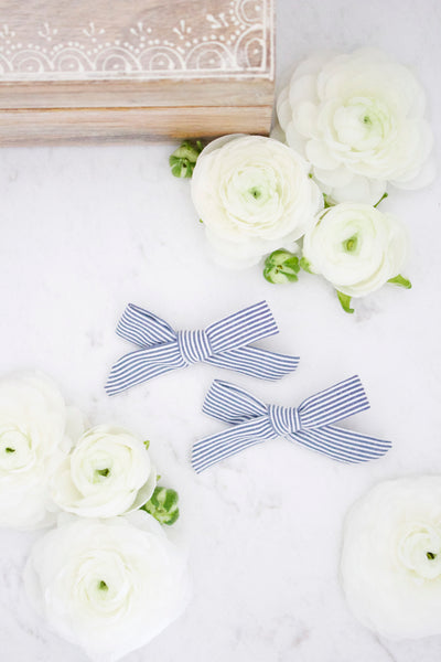 Petite Navy Stripe Bow Hair Clips - Arrow & Lace Designs