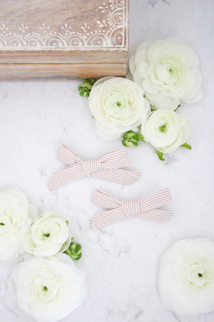 Petite Oatmeal Stripe Bow Hair Clips - Arrow & Lace Designs