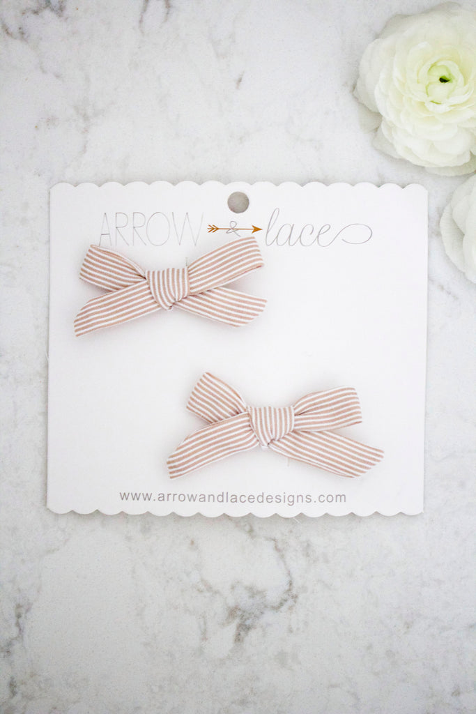 Petite Oatmeal Stripe Bow Hair Clips - Arrow & Lace Designs