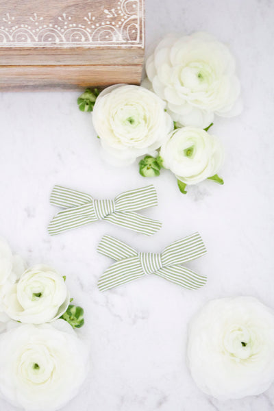 Petite Olive Stripe Bow Hair Clips - Arrow & Lace Designs