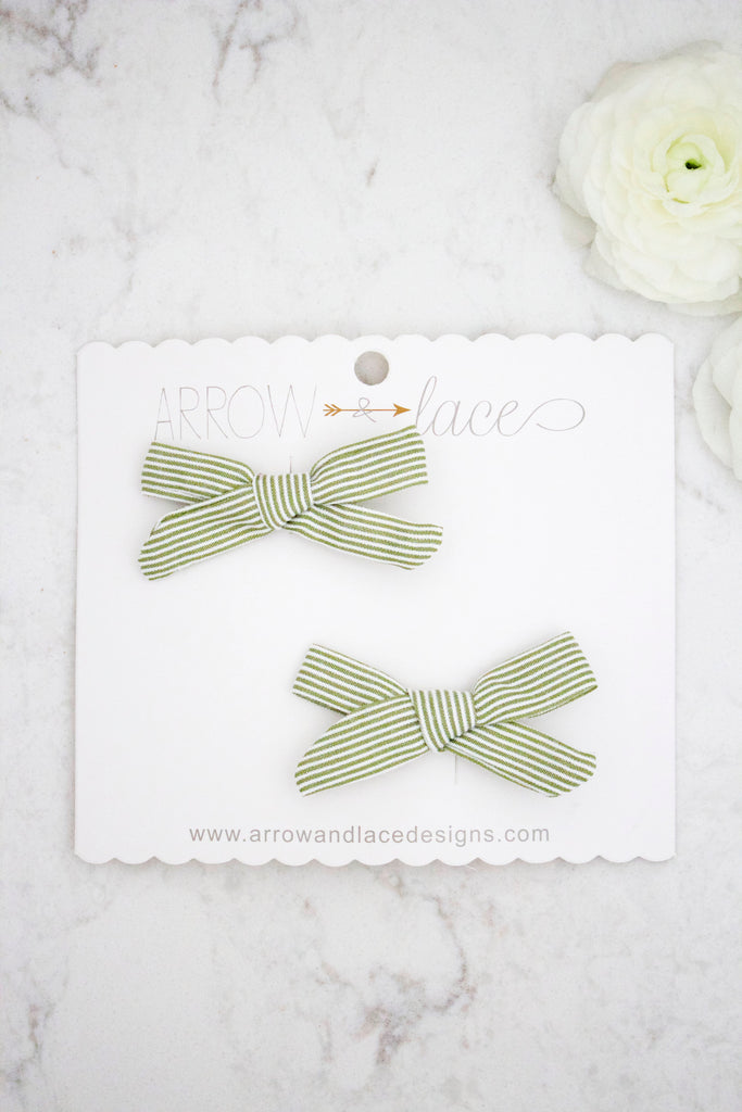 Petite Olive Stripe Bow Hair Clips - Arrow & Lace Designs
