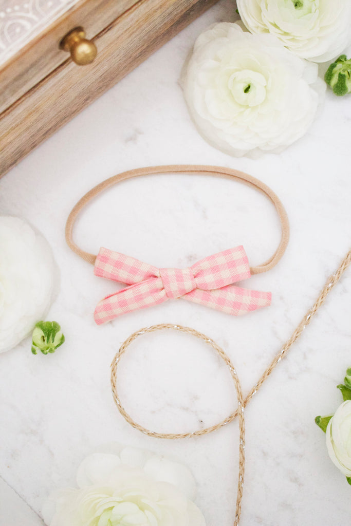 Petite Pink Check Bow Headband - Arrow & Lace Designs