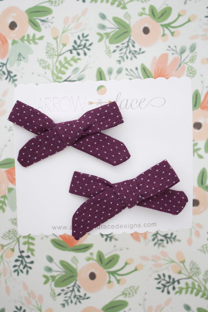 Plum Stitch Bow Hair Clips - Arrow & Lace Designs