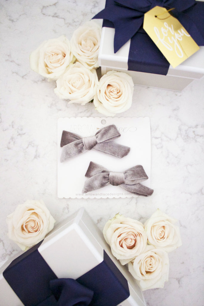 Silver Holly Velvet Bow Hair Clips - Arrow & Lace Designs