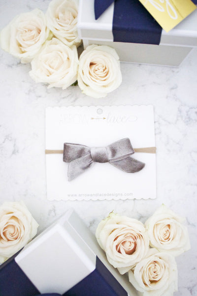 Silver Holly Velvet Bow Headband - Arrow & Lace Designs